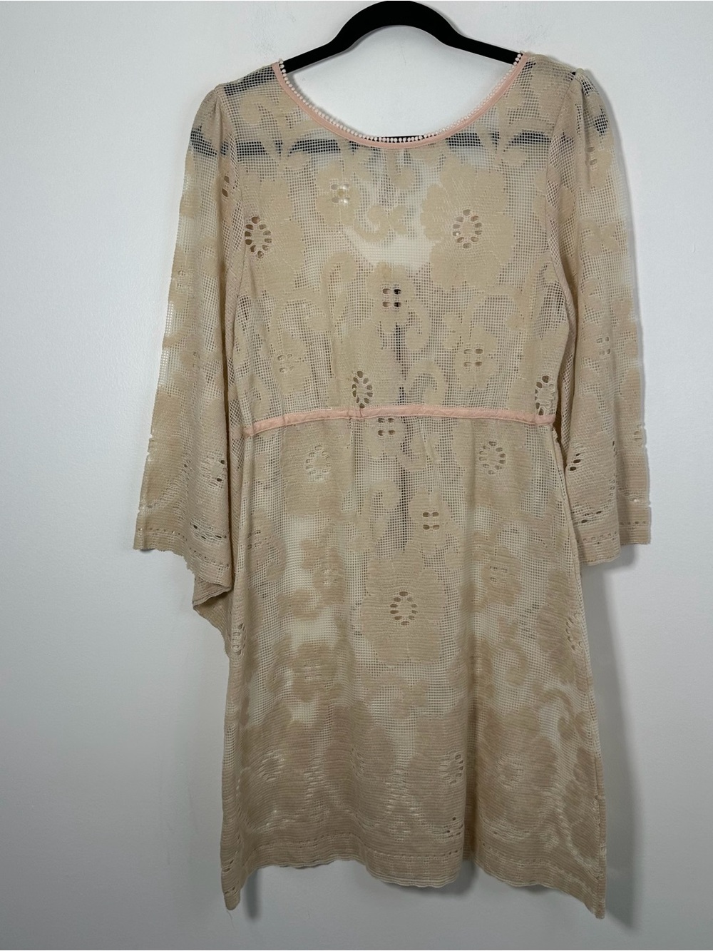 Free People Cream Floral Lace Tunic Dress Size Medium Pink Trim Zip Front Boho - Picture 3 of 9